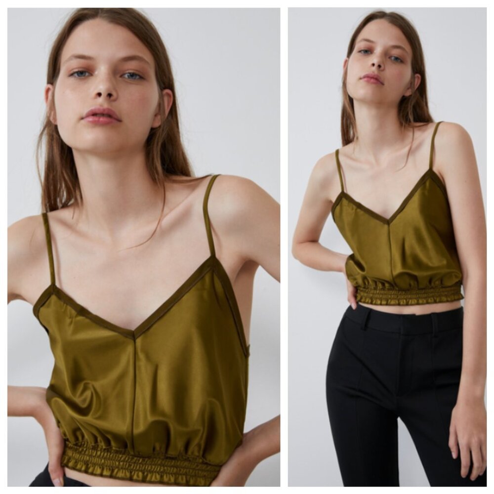 Zara Golden Olive Green Satin V Neck Gathered Shirred Crop Top